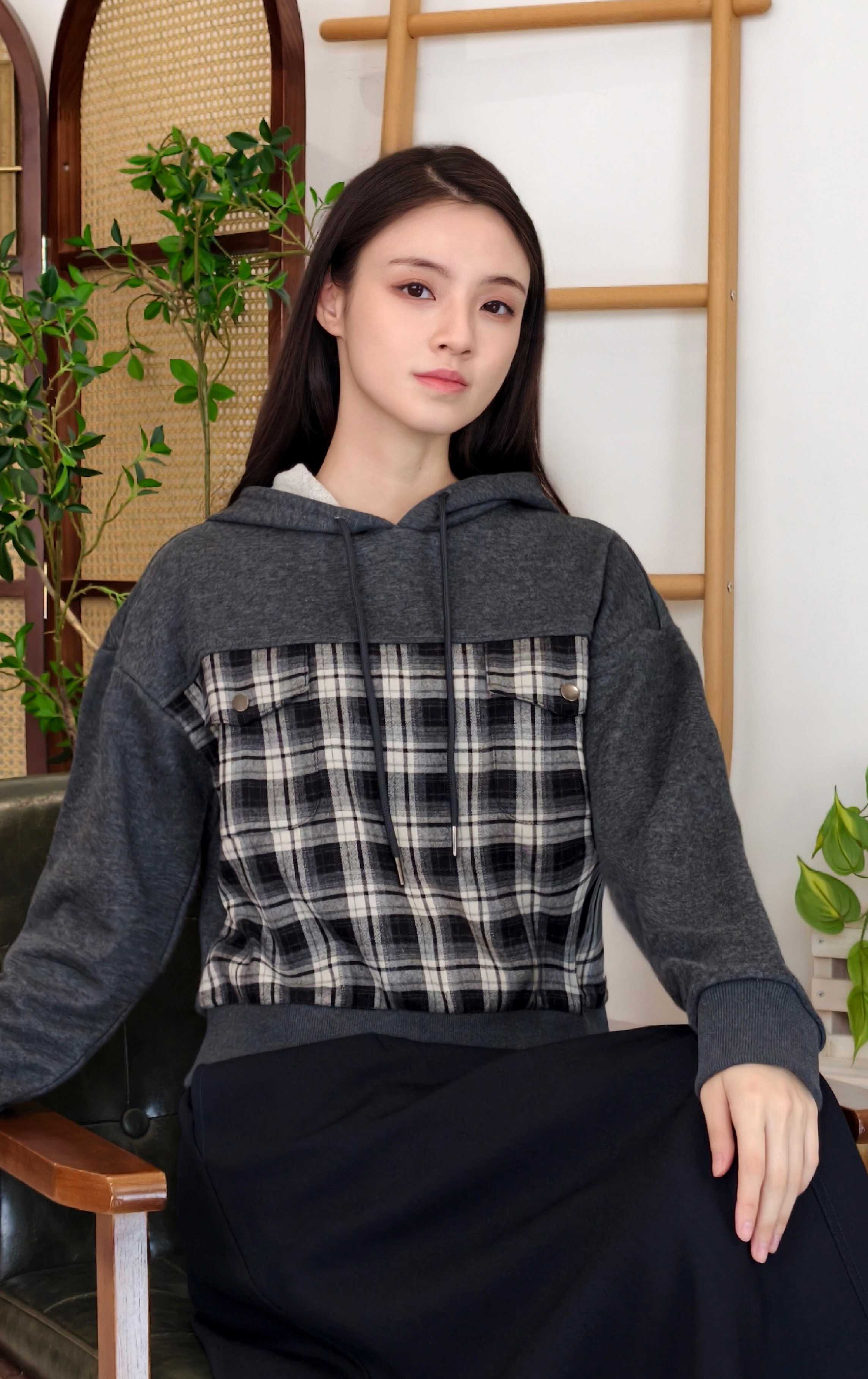 方格紋帽子上衣 LT0318