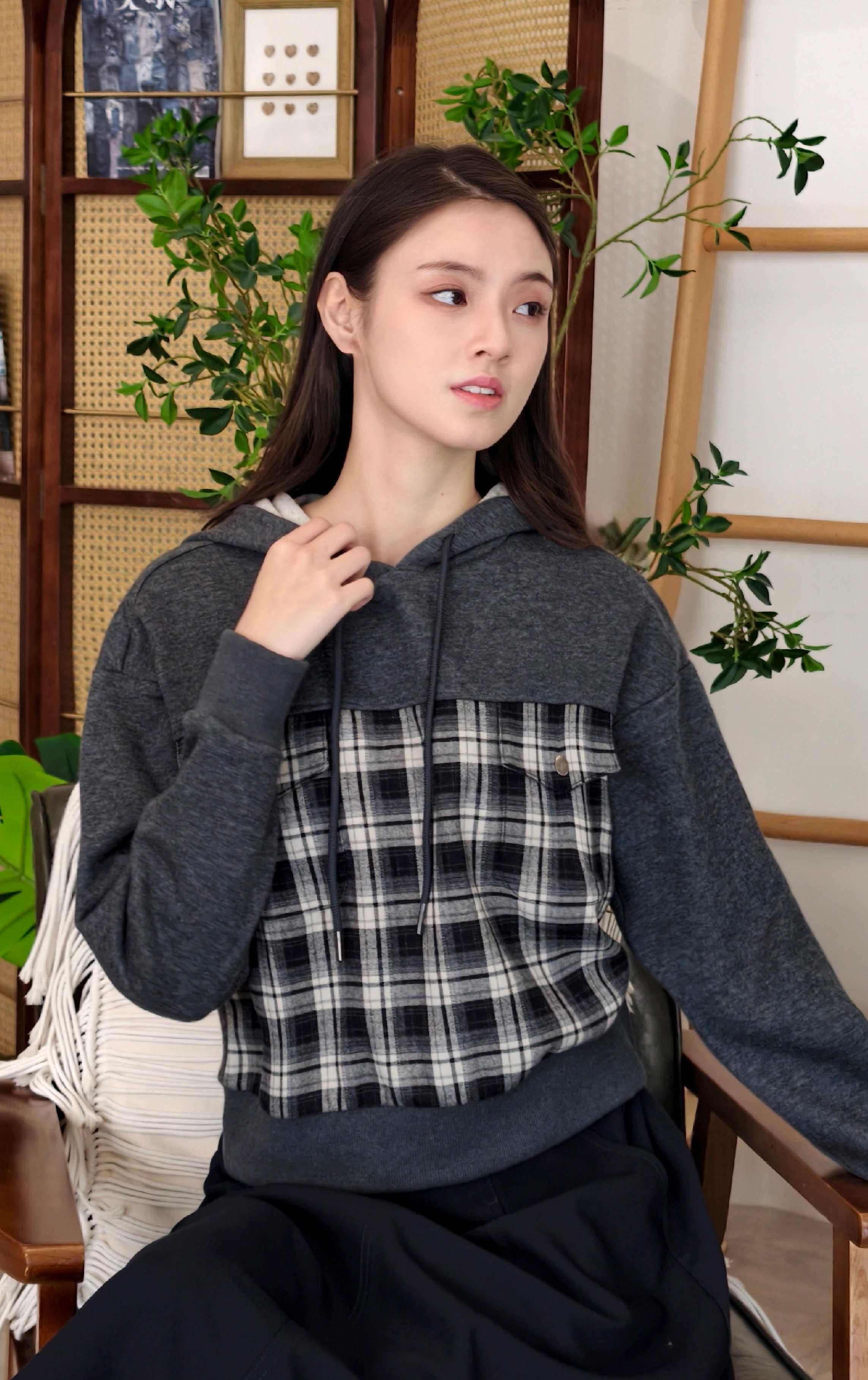 方格紋帽子上衣 LT0318