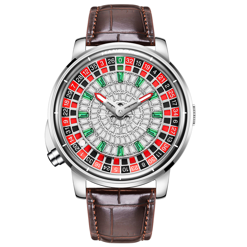 【Hanboro 衡寶】 1015-2系列 歐洲輪盤 夜光 鏤空 鑲鑽 皮革 機械 手錶