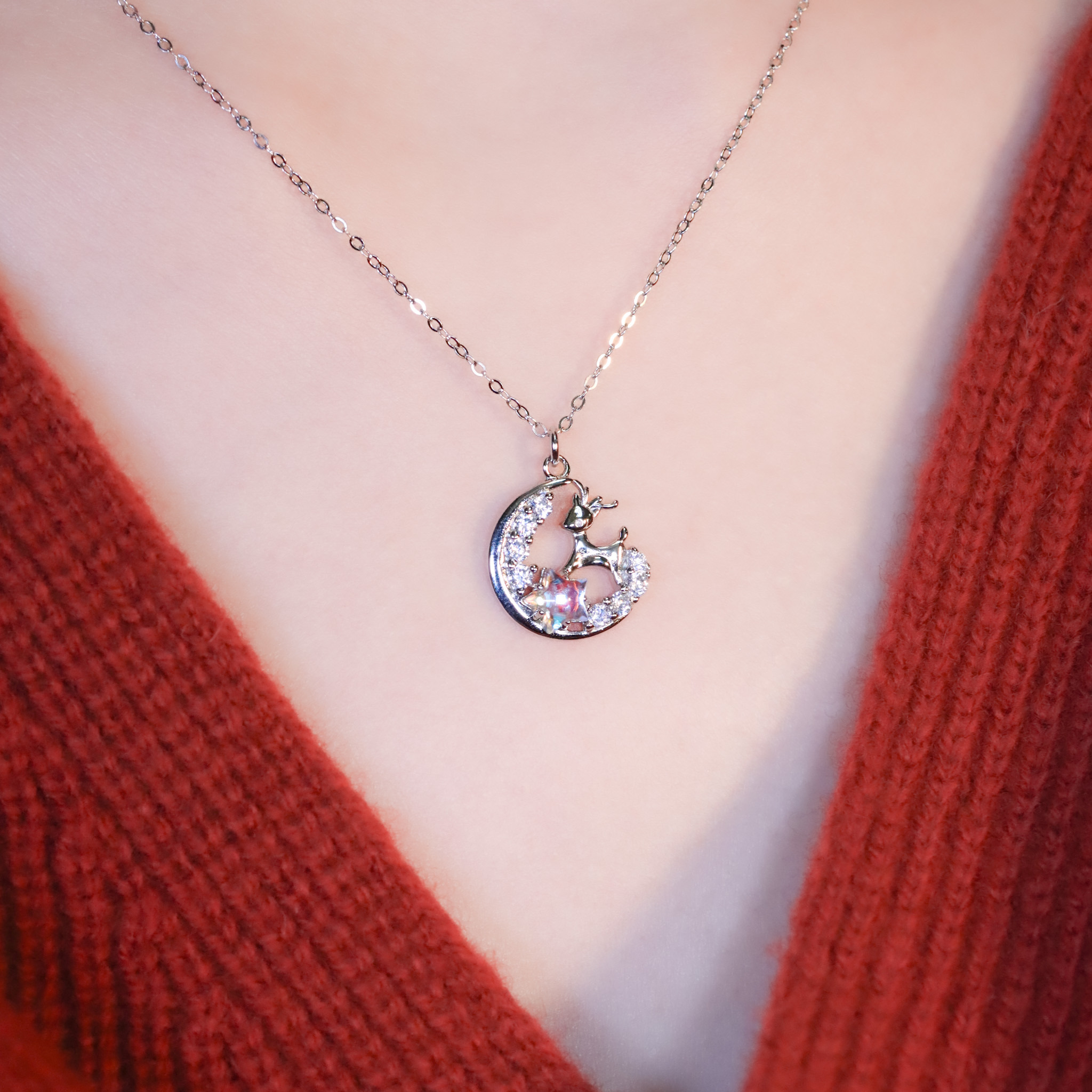 | 925純銀・厚鍍白金・ 琉璃 | 漫藍陪伴星動小鹿項鍊| NE1534 |