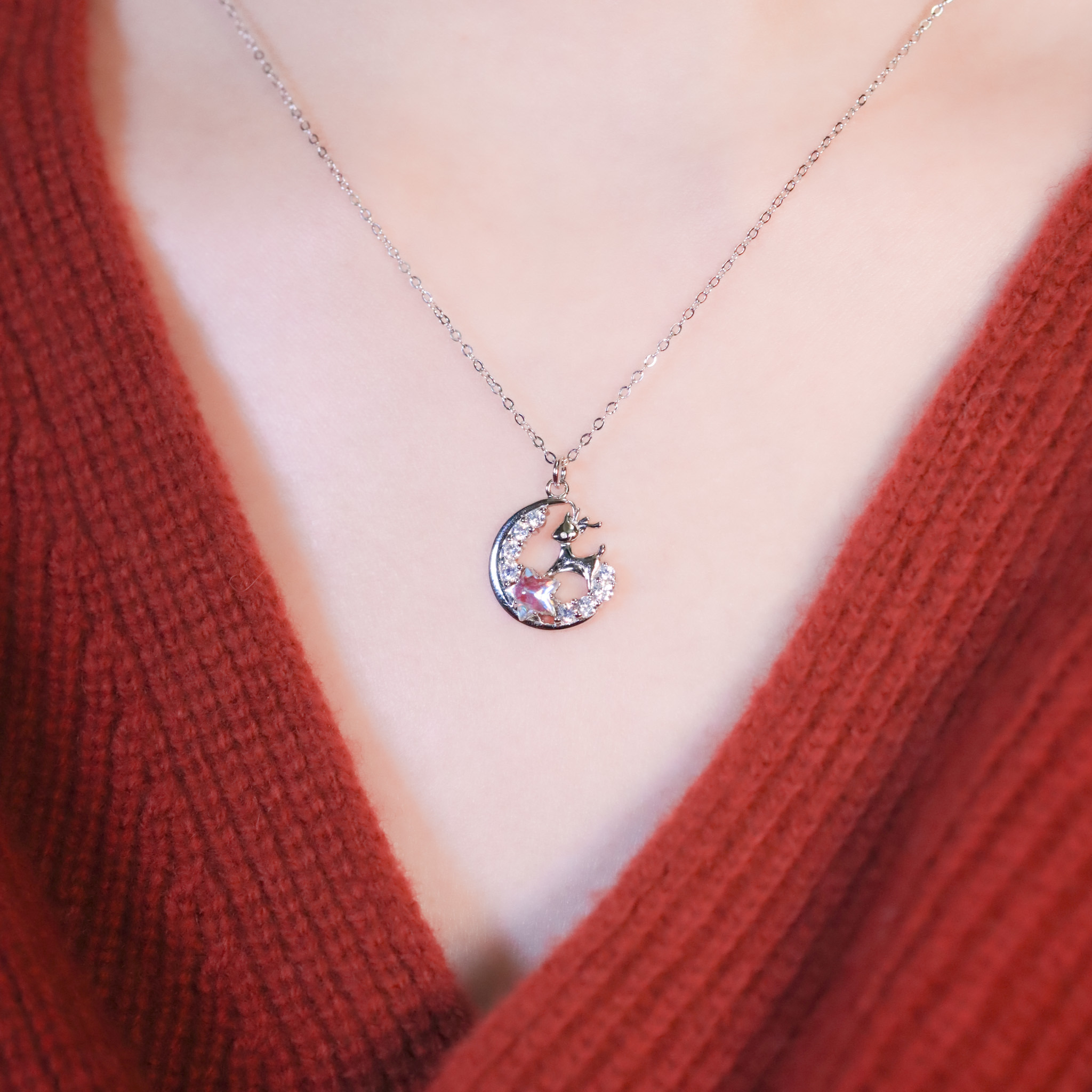 | 925純銀・厚鍍白金・ 琉璃 | 漫藍陪伴星動小鹿項鍊| NE1534 |