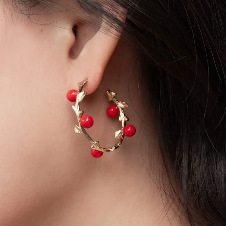 紅野莓錦簇瓷圈型耳環