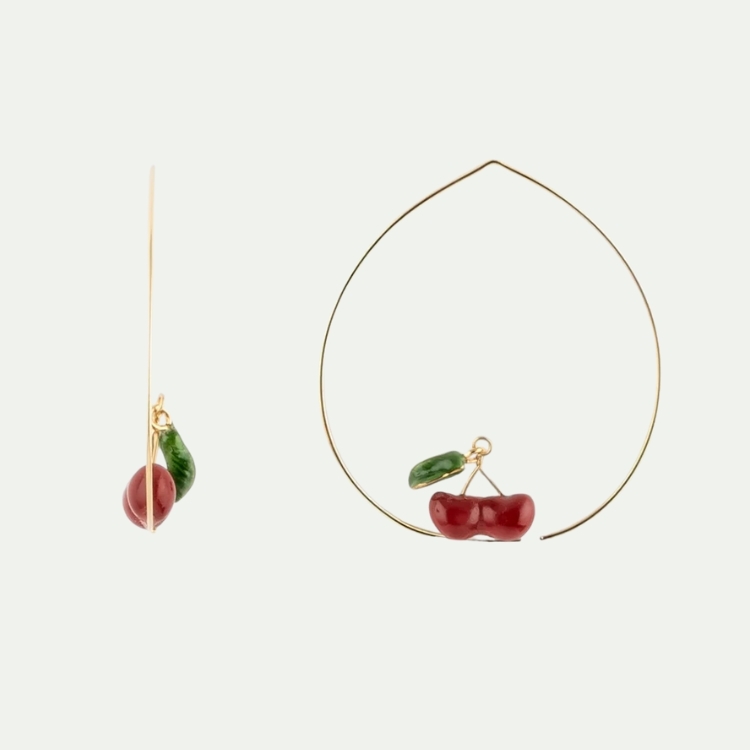 可口紅櫻桃圈型瓷耳環