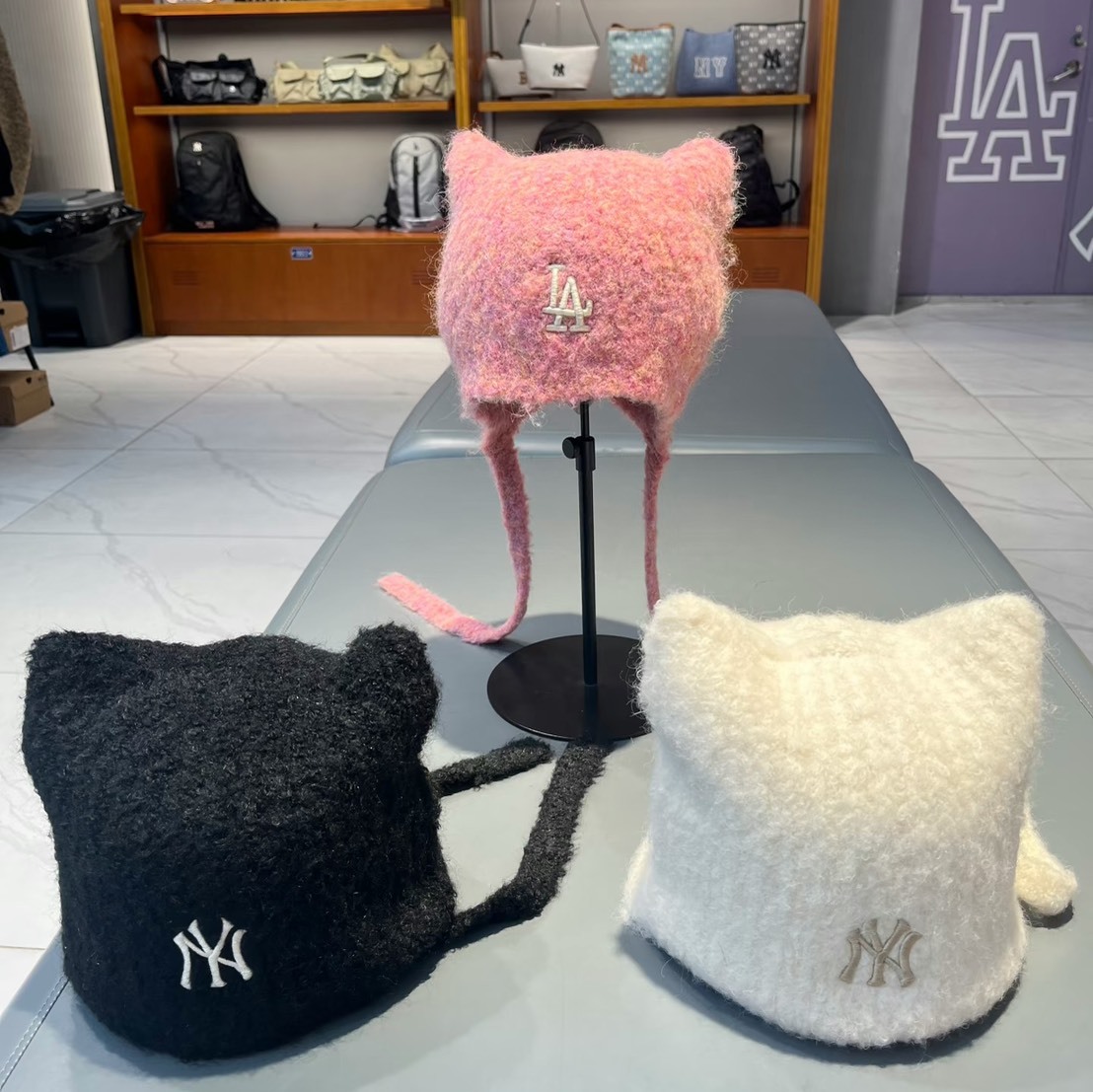 MLB X KARINA MEOW Knit beanie 柳智敏 貓耳帽吊帶款 NY 紐約洋基隊 紅襪隊 韓國限定 卡寶同款 針織毛帽 帶繩