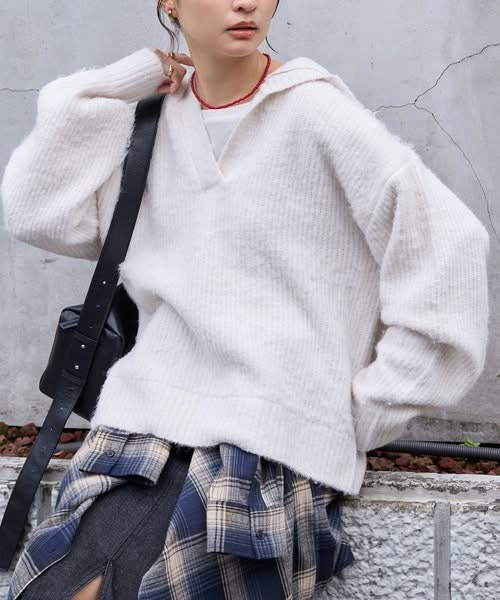 日本🇯🇵羊毛混紡柔軟長絨毛開領針織上衣