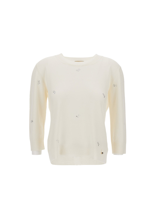 HERNO 圓領七分袖燙鑽毛衣(白)