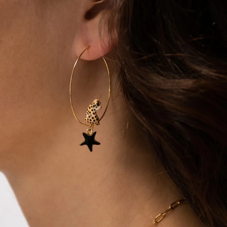 夜晚星空中的金錢豹圈型瓷耳環