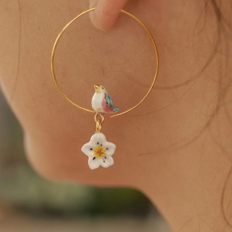 豐收鳥語小花圈型瓷耳環