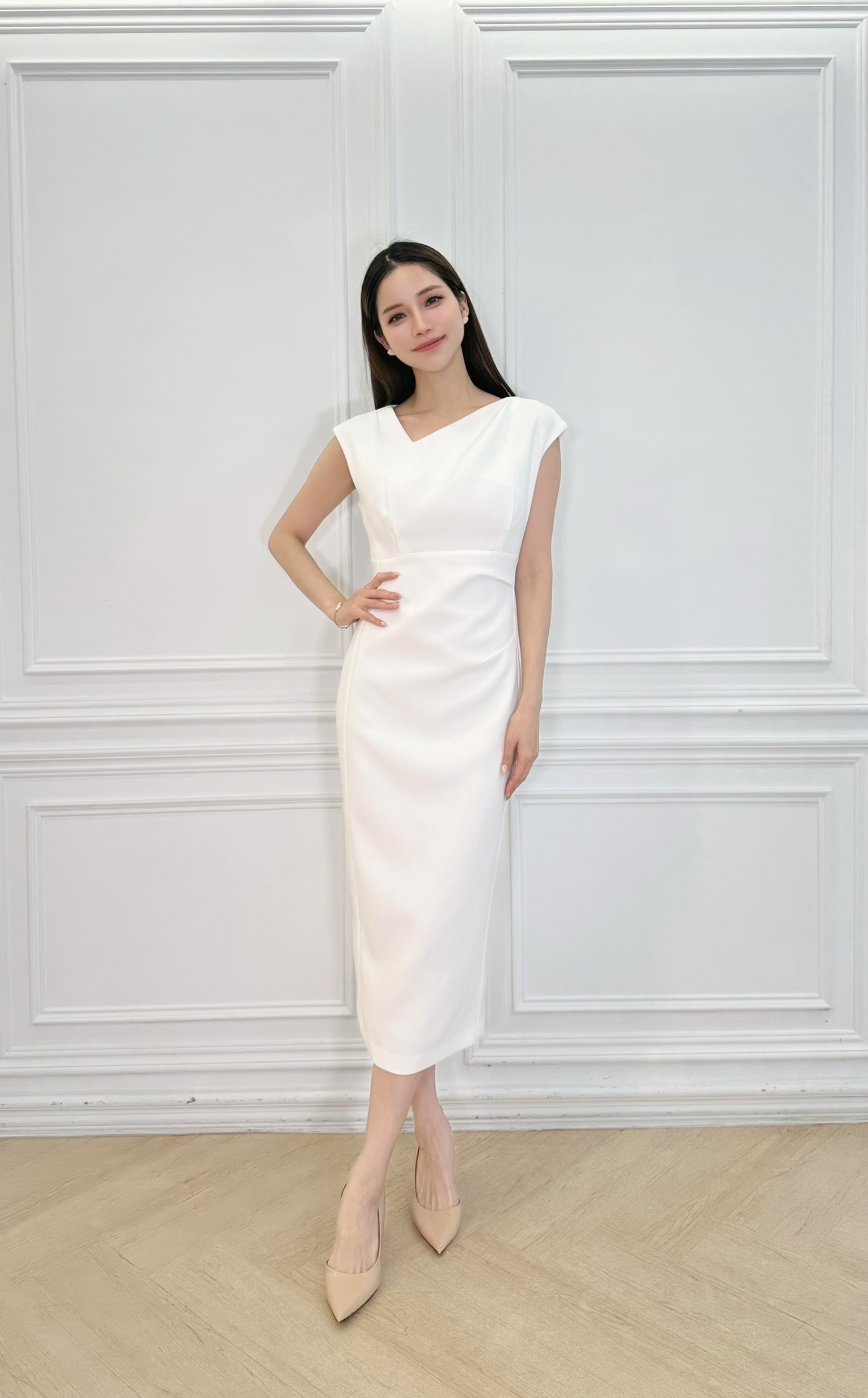 ( JS )斜領側抓褶女神洋