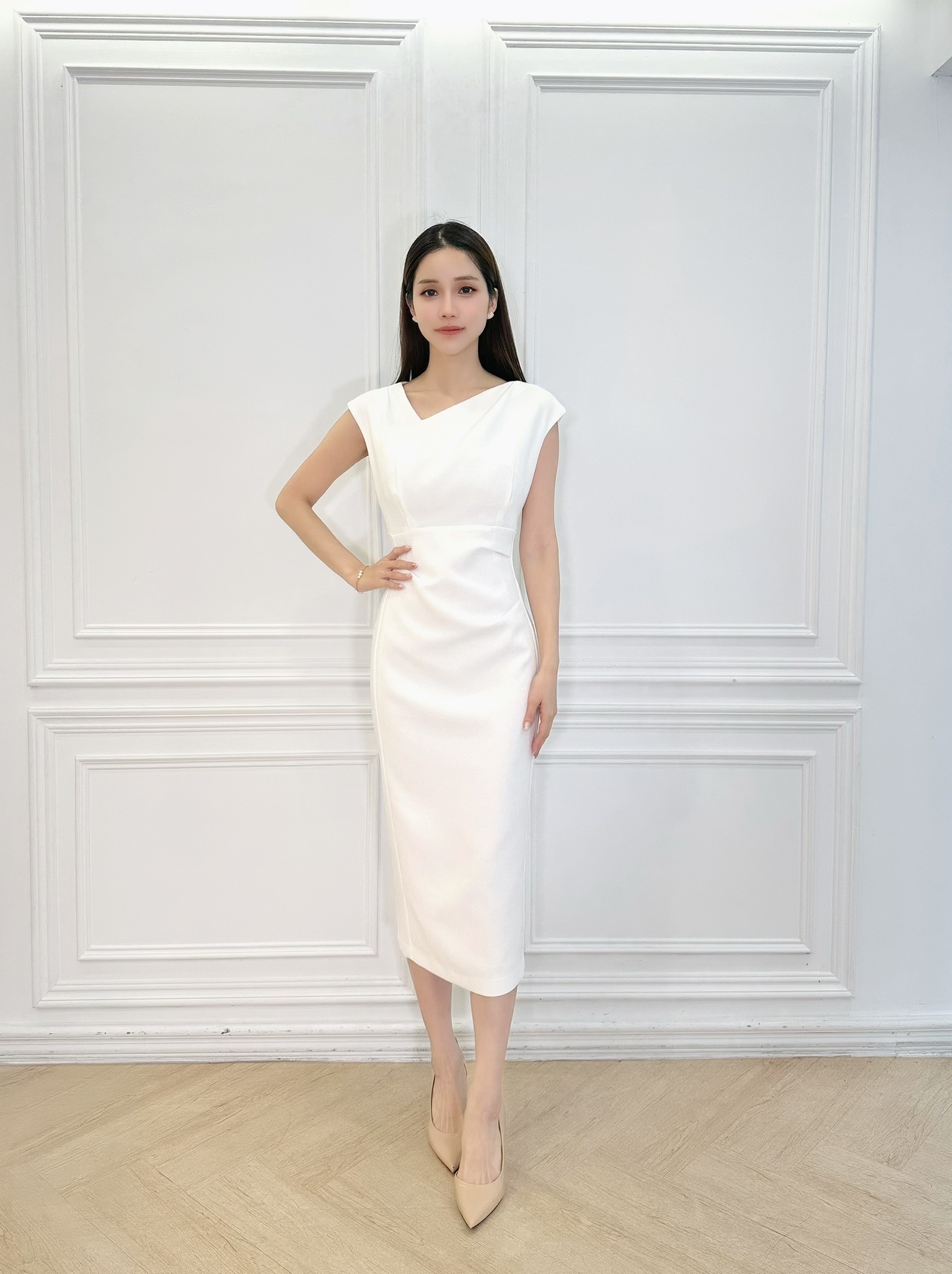 ( JS )斜領側抓褶女神洋