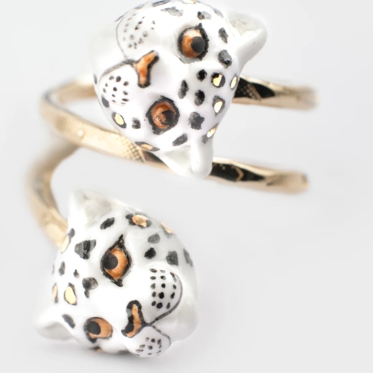 雙頭白金錢豹瓷戒指