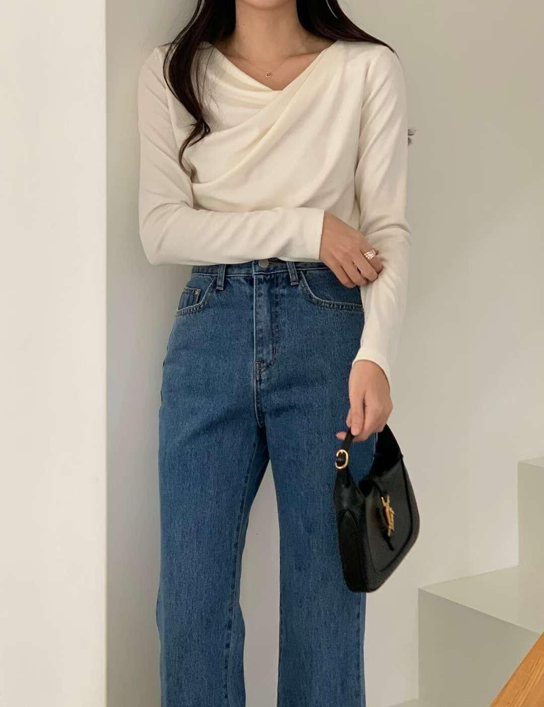 不對稱皺褶長袖上衣