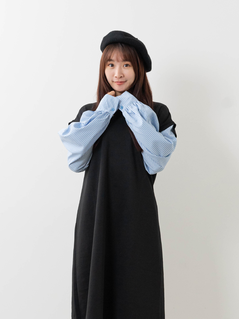 條紋袖剪接配色毛圈布連身洋裝