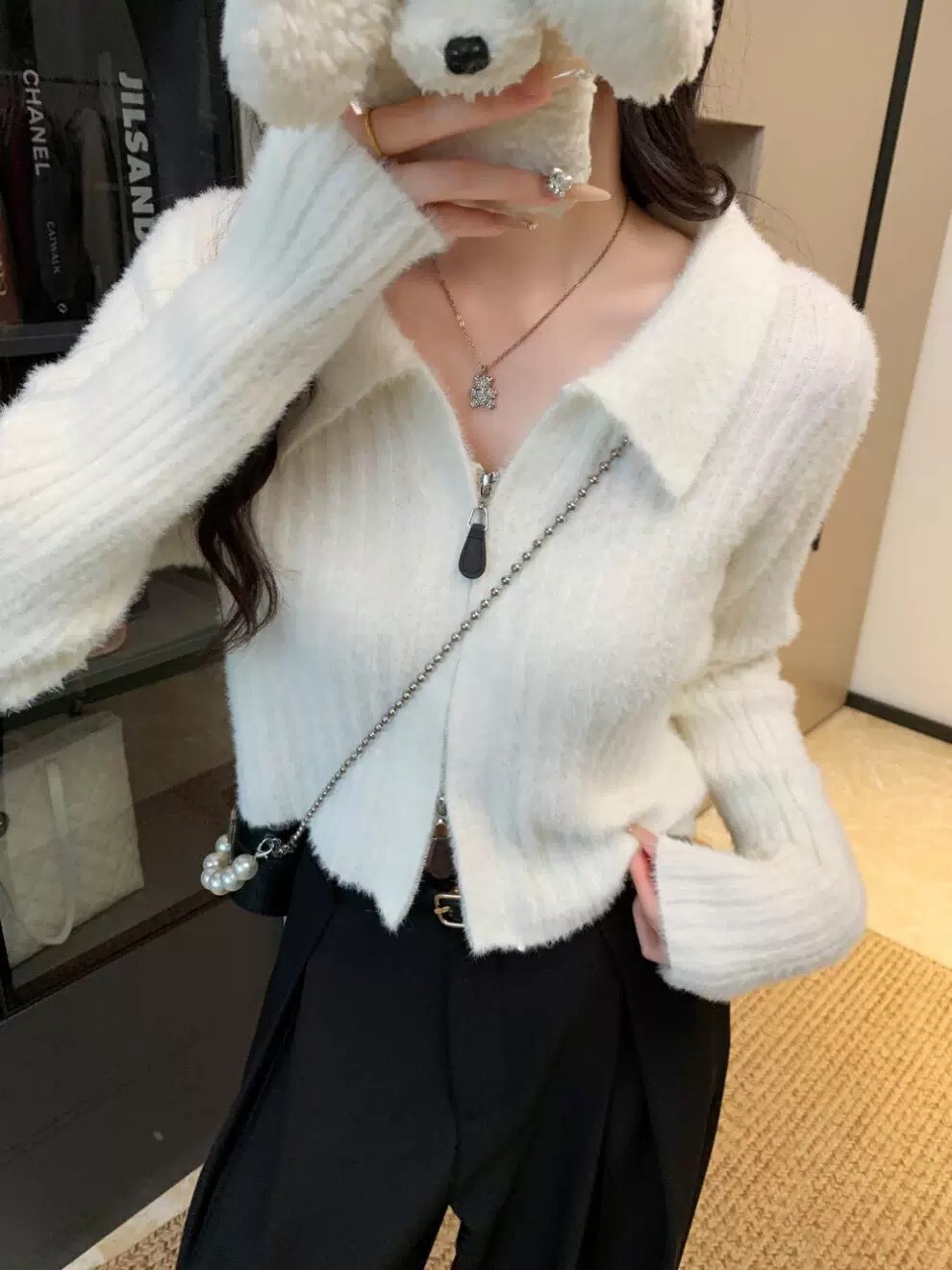 雙拉鍊坑紋海毛上衣