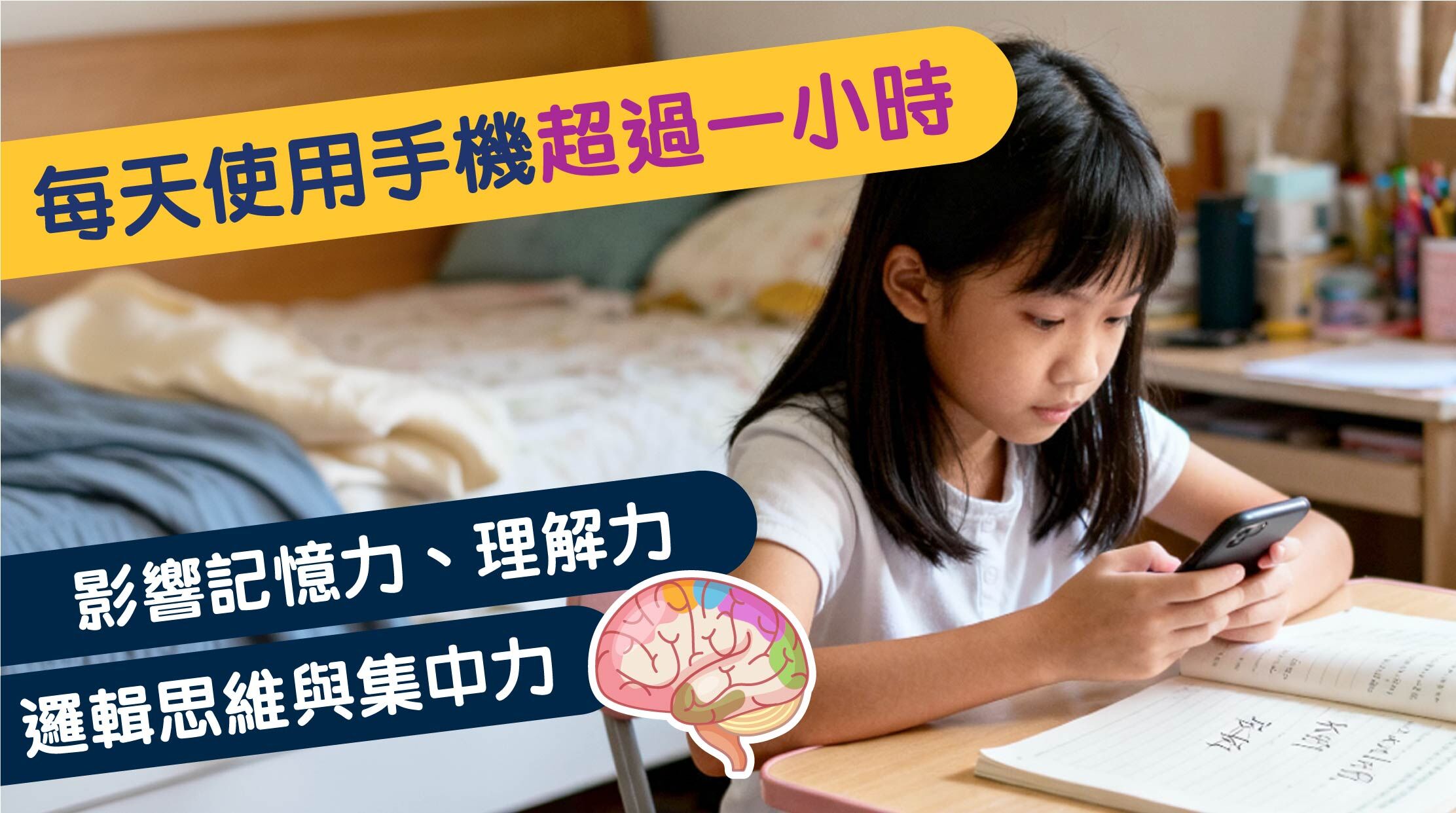 日本神經科學家川島隆太教授追蹤 7萬名學生長達十年,發現每天使用手機超過一小時,就會影響孩子的記憶力、理解力、邏輯思維與集中力。即使孩子每天花兩小時溫習,只要手機使用超過三小時,成績仍比不溫書但不用手機的學生差。 MRI掃描更顯示,長時間上網的孩子,大腦白質區域發展停滯,這些區域負責神經網絡連結,是學習與思考的核心。