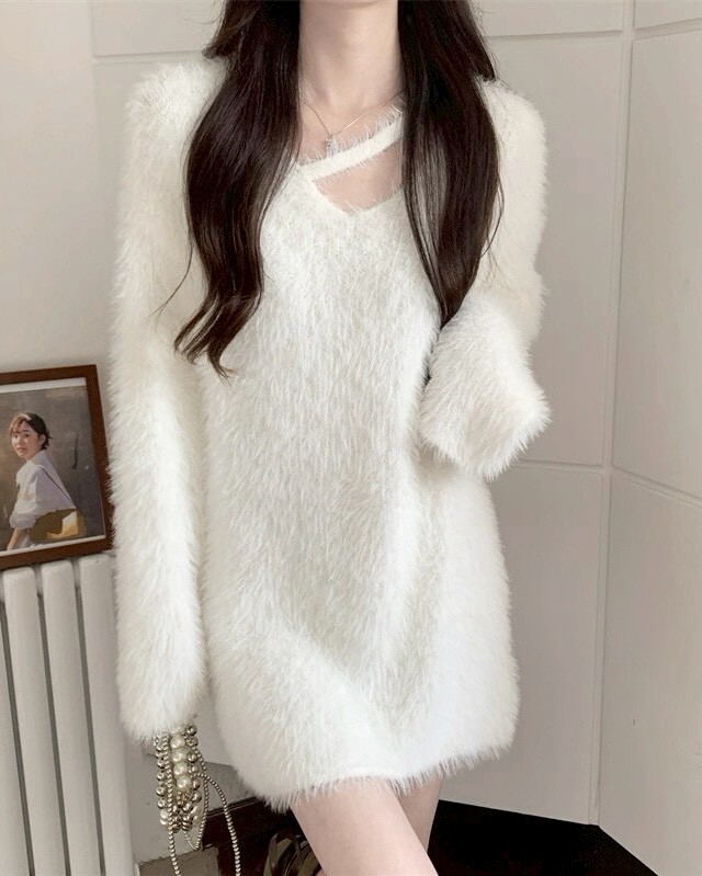 領斜槓海毛針織長版衣