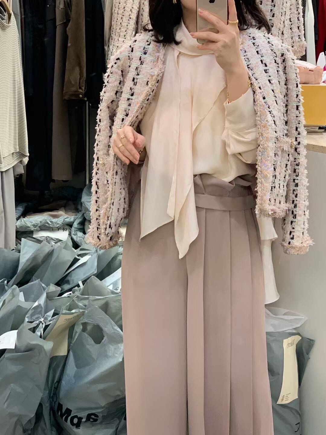 草莓粉配色格紋軟呢感圓領小香外套