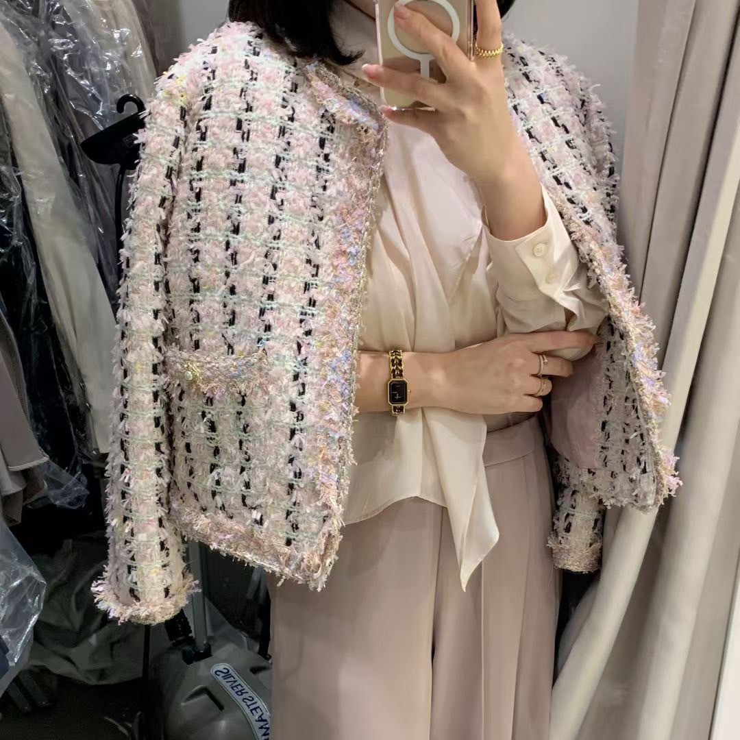 草莓粉配色格紋軟呢感圓領小香外套