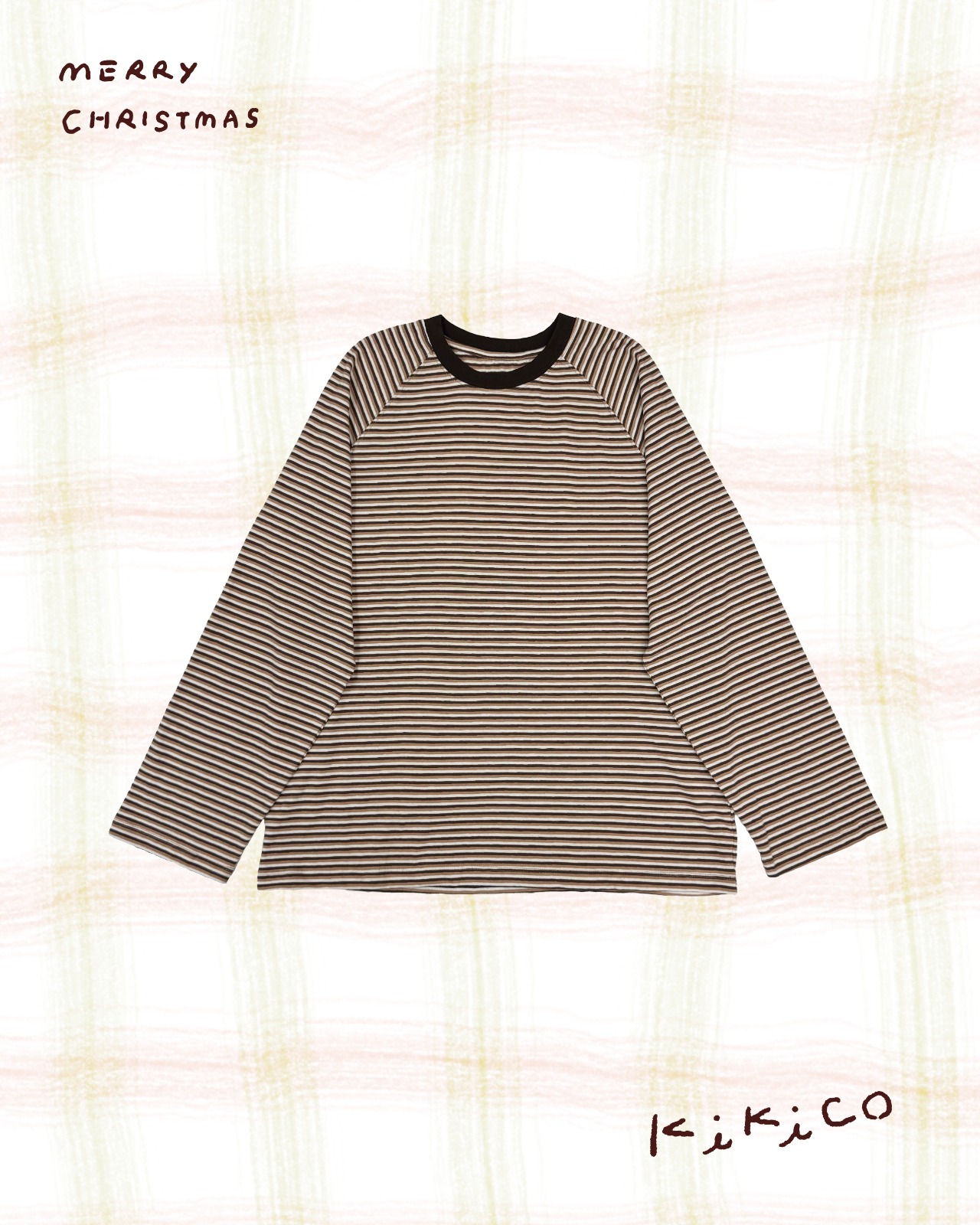 入肩拼色幼條紋長袖上衣