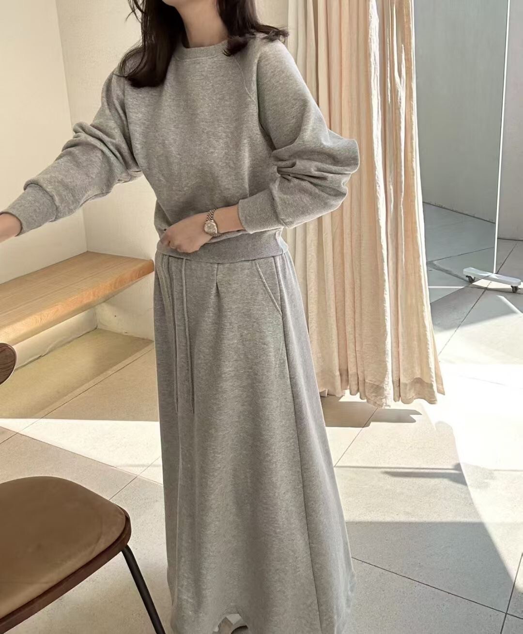 簡約可愛圓領大學TEE+同色系長裙SET / 3色