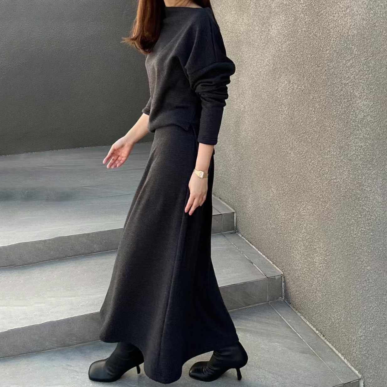 簡約可愛圓領大學TEE+同色系長裙SET / 3色