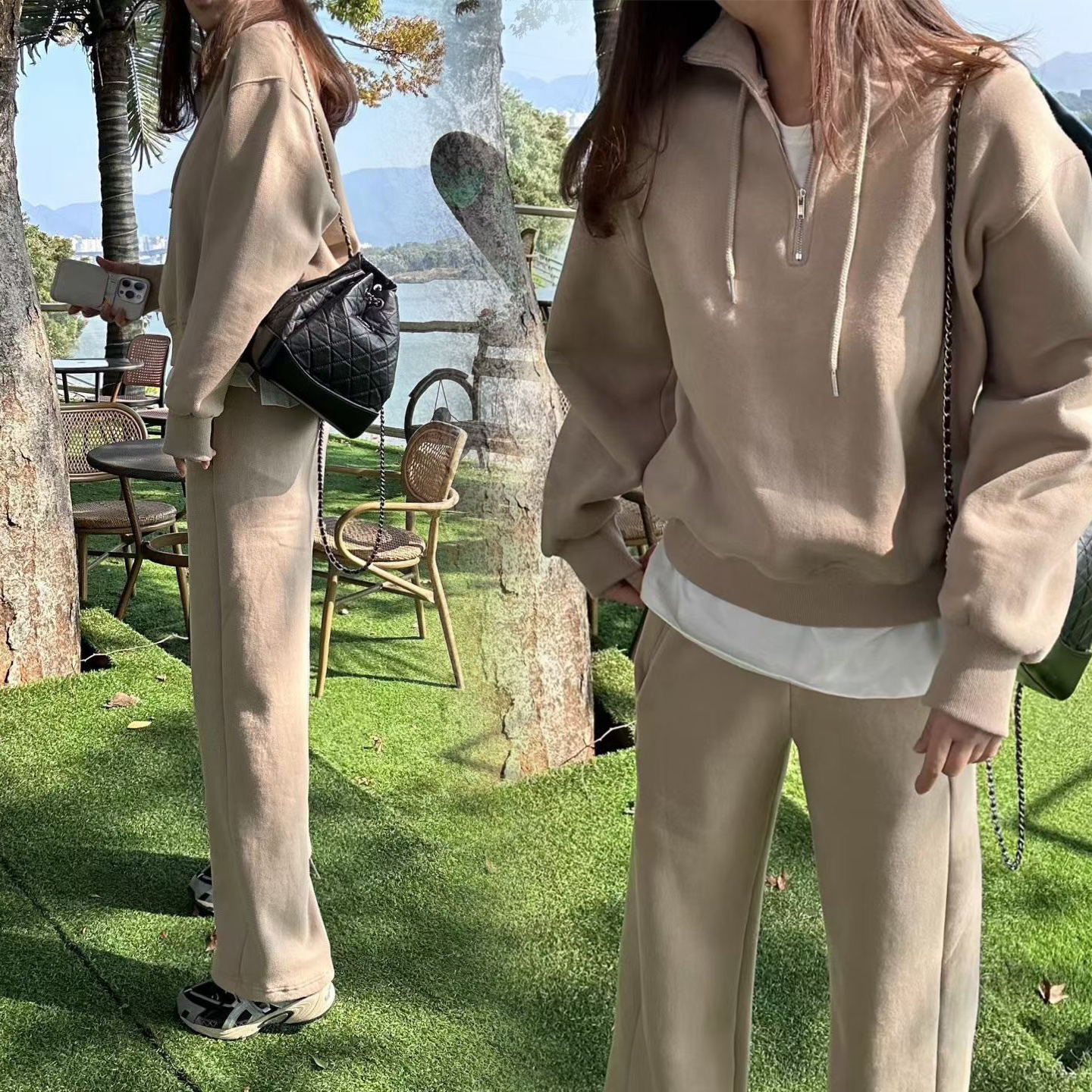 拉鍊立領造型大學TEE+長褲SET / 2色