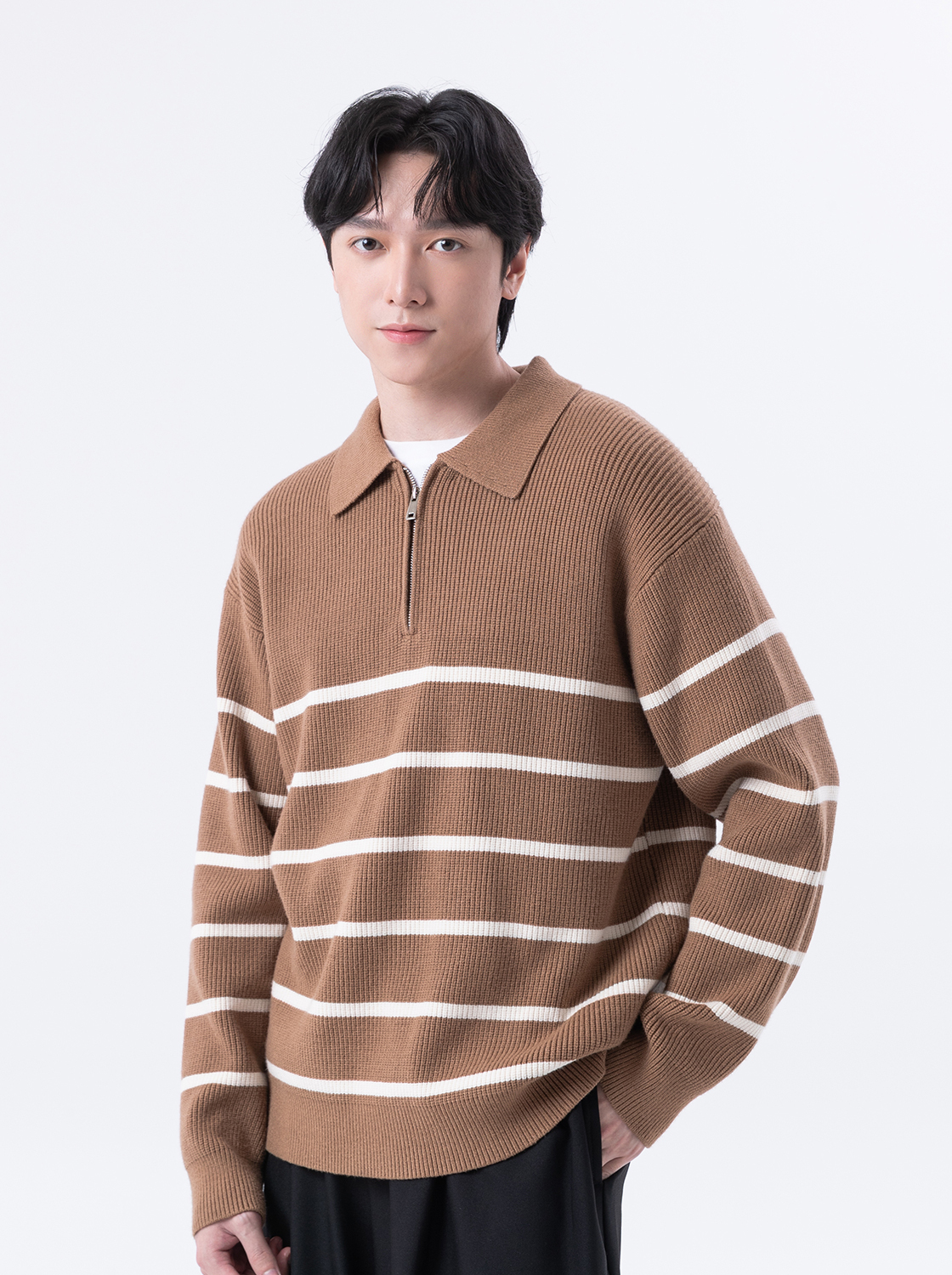 【期間限定】經典半開拉鍊條紋翻領毛衣