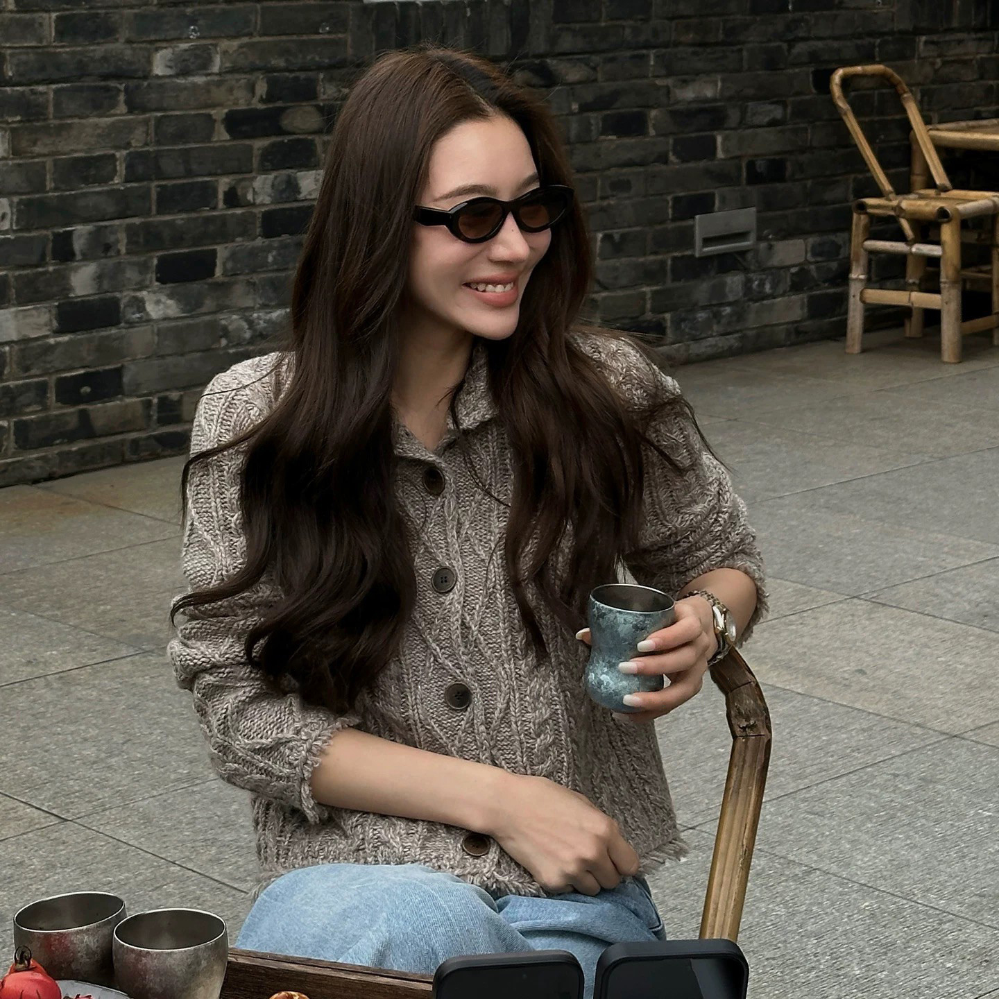 摩卡棕排釦翻領麻花針織上衣外套-S-L (Elegant & Love)