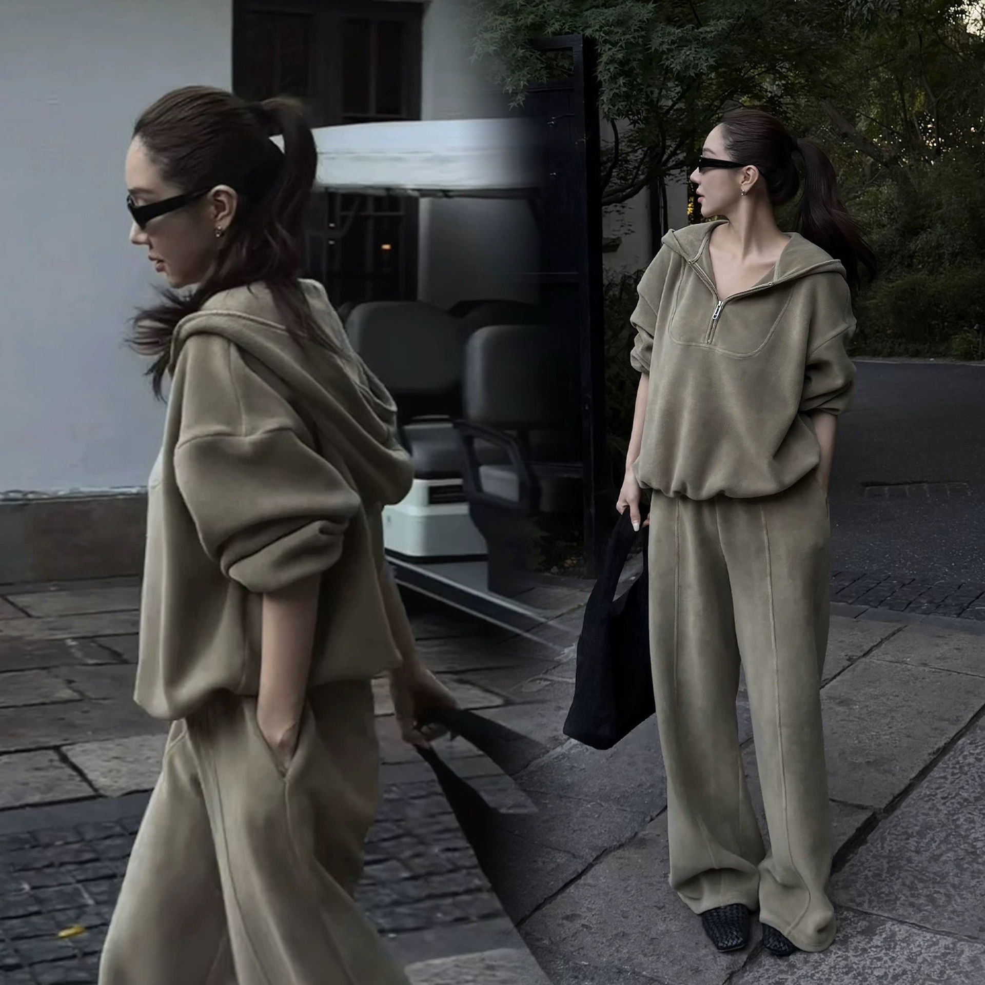 摩卡棕連帽拉鏈大學TEE+長褲SET-S-L (Elegant & Love)