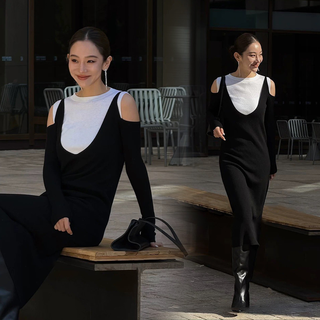 經典黑白配色假兩件露肩造型長洋裝-S-L (Elegant & Love)