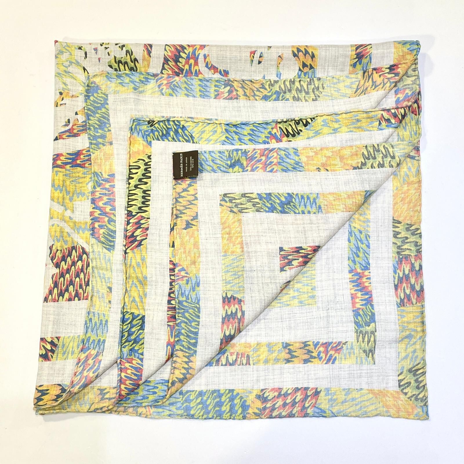 全新HERMES披肩/圍巾 90x90cm 黃/綠/藍 大理石紋羊毛 #BRAND NEW #香榭站正品