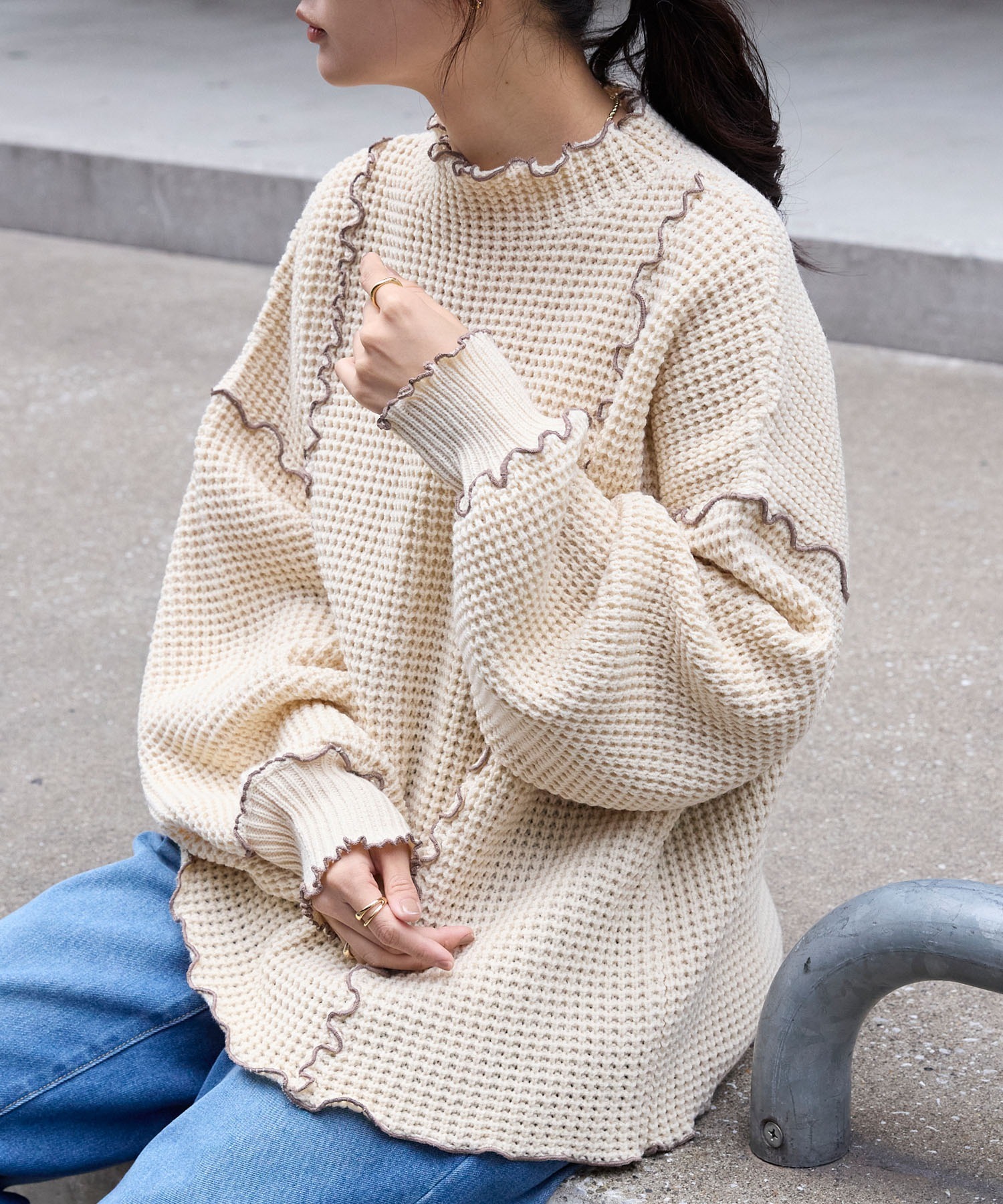 🇯🇵 MONO-MART 華夫格 針織衫 針織衣 撞色滾邊 長袖 / 現貨