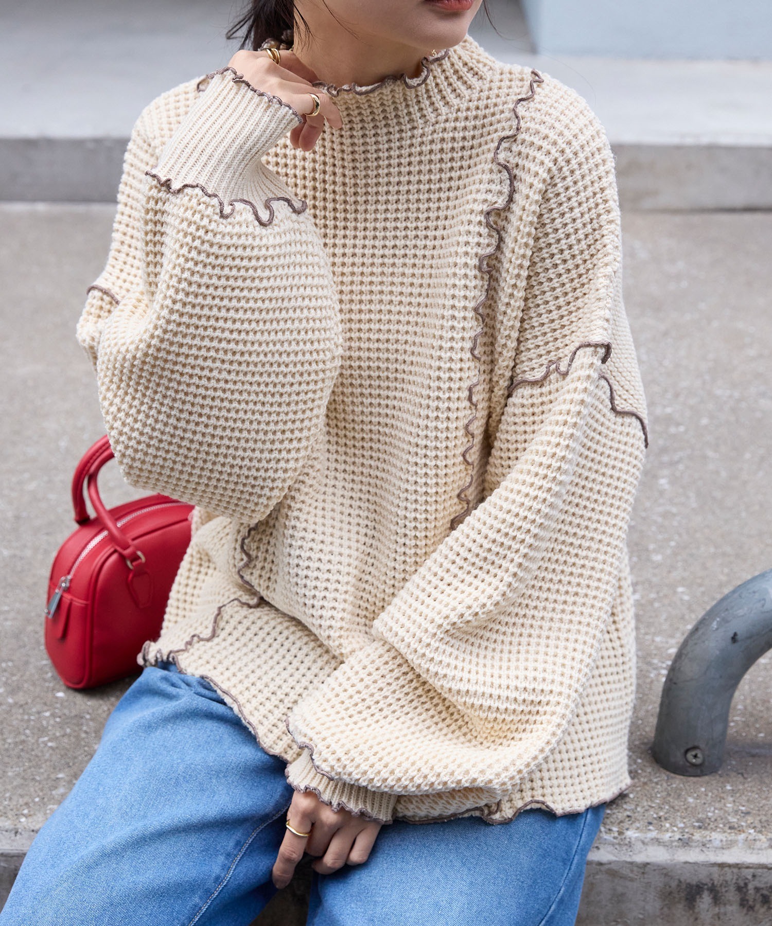 🇯🇵 MONO-MART 華夫格 針織衫 針織衣 撞色滾邊 長袖 / 現貨