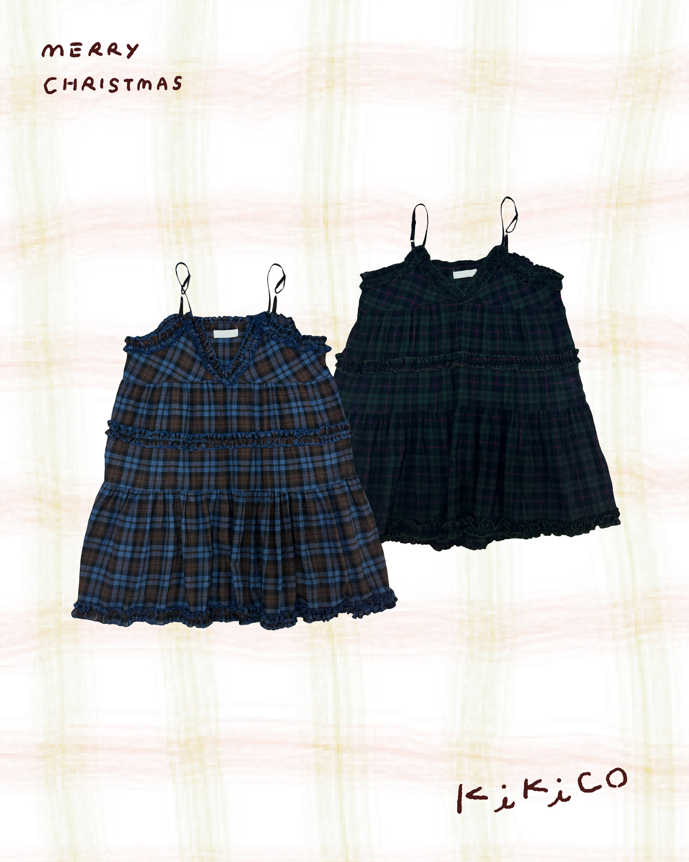 V領木耳邊格紋吊帶背心長外搭