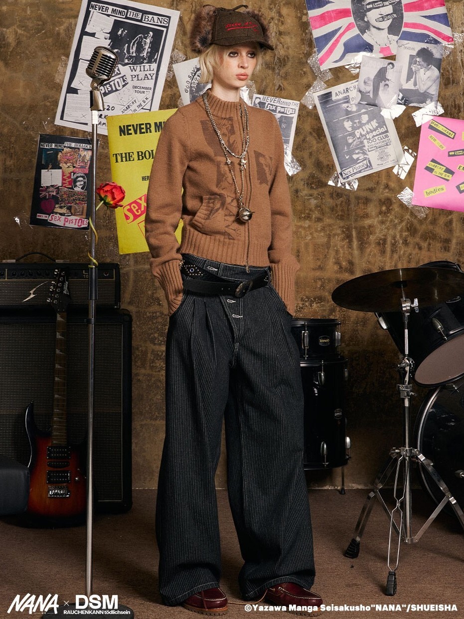 I DON‘T SMOKE X NANA  NANA&奈&真一印花 針織立領 雙頭拉鏈 棕色外套  DONSMOKE