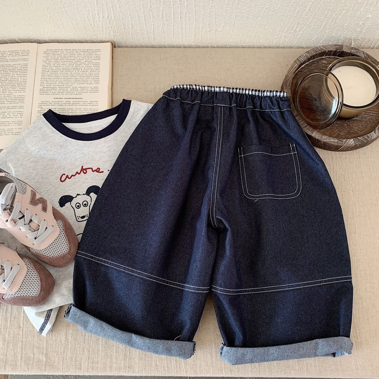 車線寬鬆牛仔闊腿褲