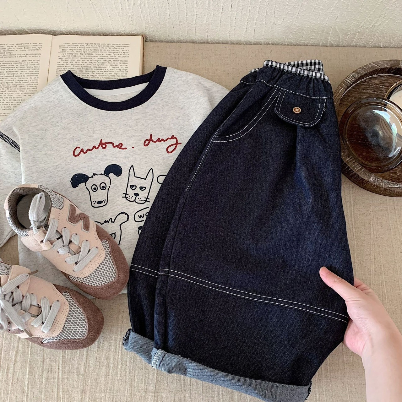 車線寬鬆牛仔闊腿褲