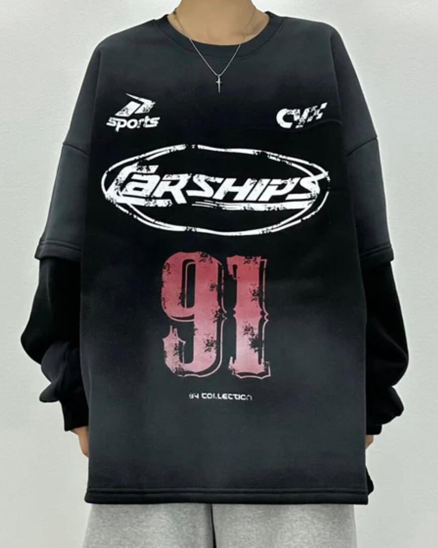 仿污英文字假兩件長袖衫 T5639