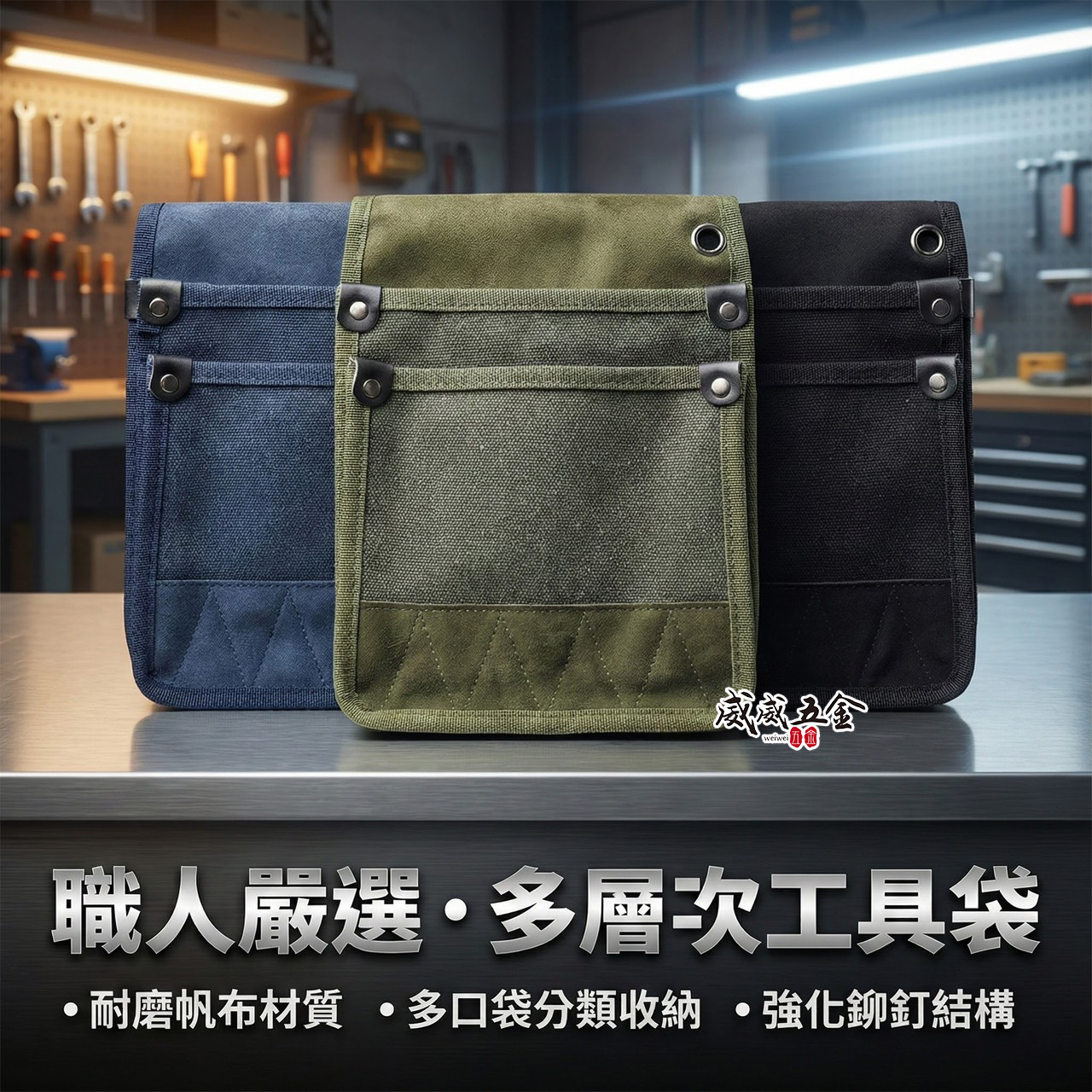 方形雙層帆布袋 復古型日式釘袋 工具袋 多格式腰袋 零件包 工作包 收納包｜300BGB｜顏色隨機｜刷舊風格