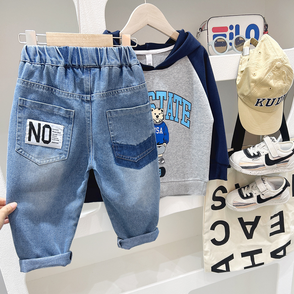 字母NO不對稱口袋牛仔褲 100-150cm #NZK2024060401