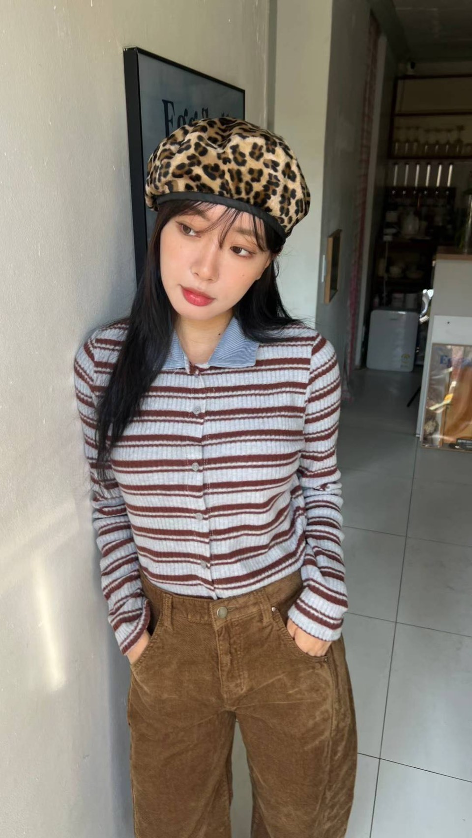 有領條紋開釦長袖T