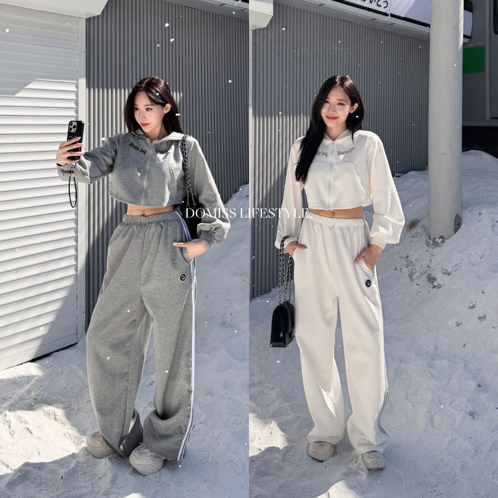 【酷甜殺手】DOMISS自訂-短版連帽外套 側線運動長褲 兩件套裝 太空棉 洋裝 套裝(現+預)