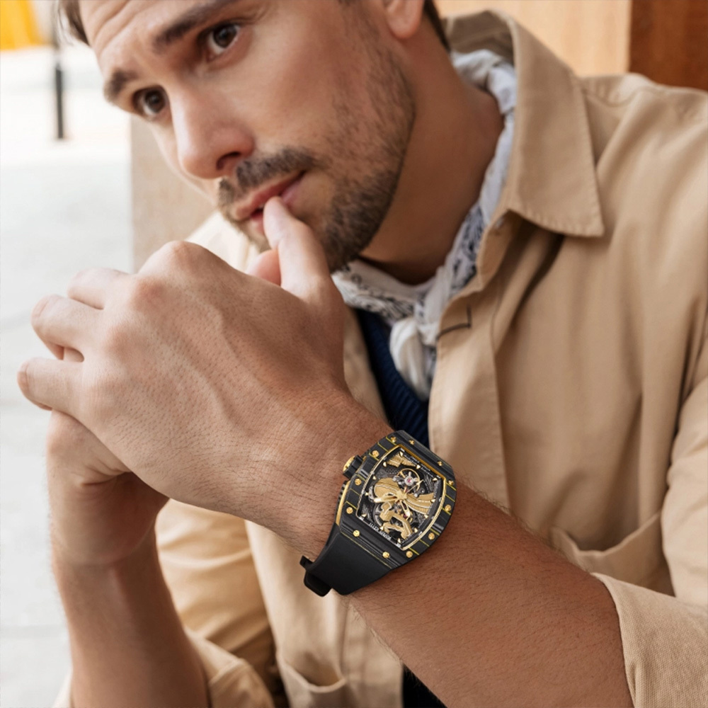 (預購)【Bonest Gatti 布加迪】BG9003 雙面鏤空 夜光 3D長城錶盤 夜光 碳纖維 酒桶 機械錶