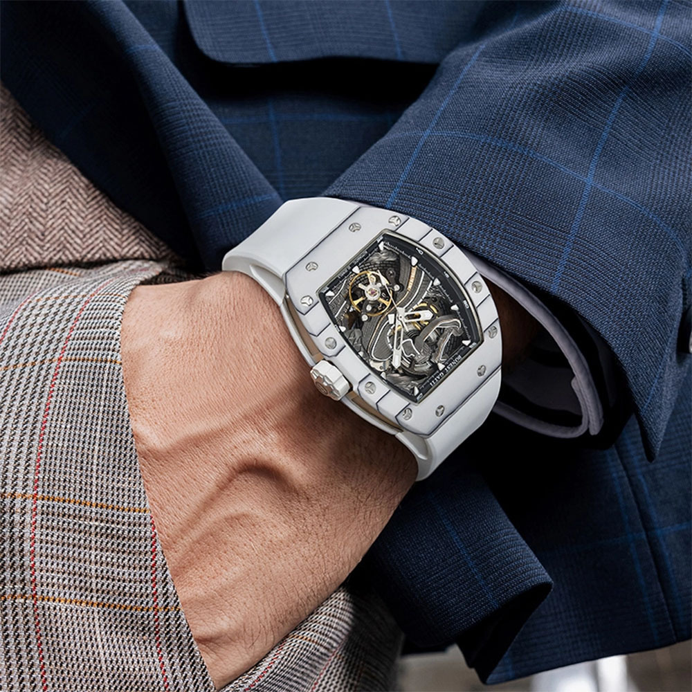 (預購)【Bonest Gatti 布加迪】BG9003 雙面鏤空 夜光 3D長城錶盤 夜光 碳纖維 酒桶 機械錶