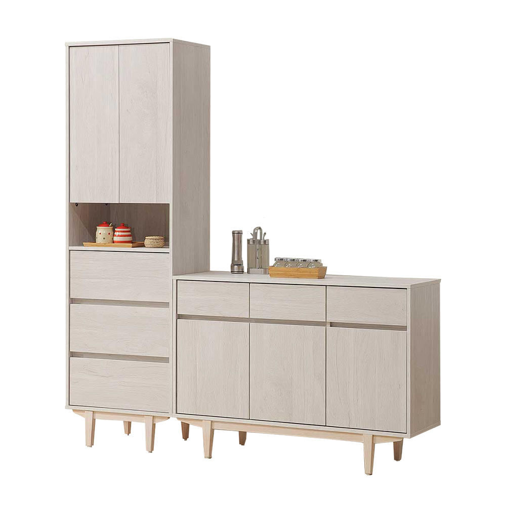 貝莎6尺L型餐櫃組合(2尺二門三抽高電器櫃+3.9尺碗盤置物矮櫃)