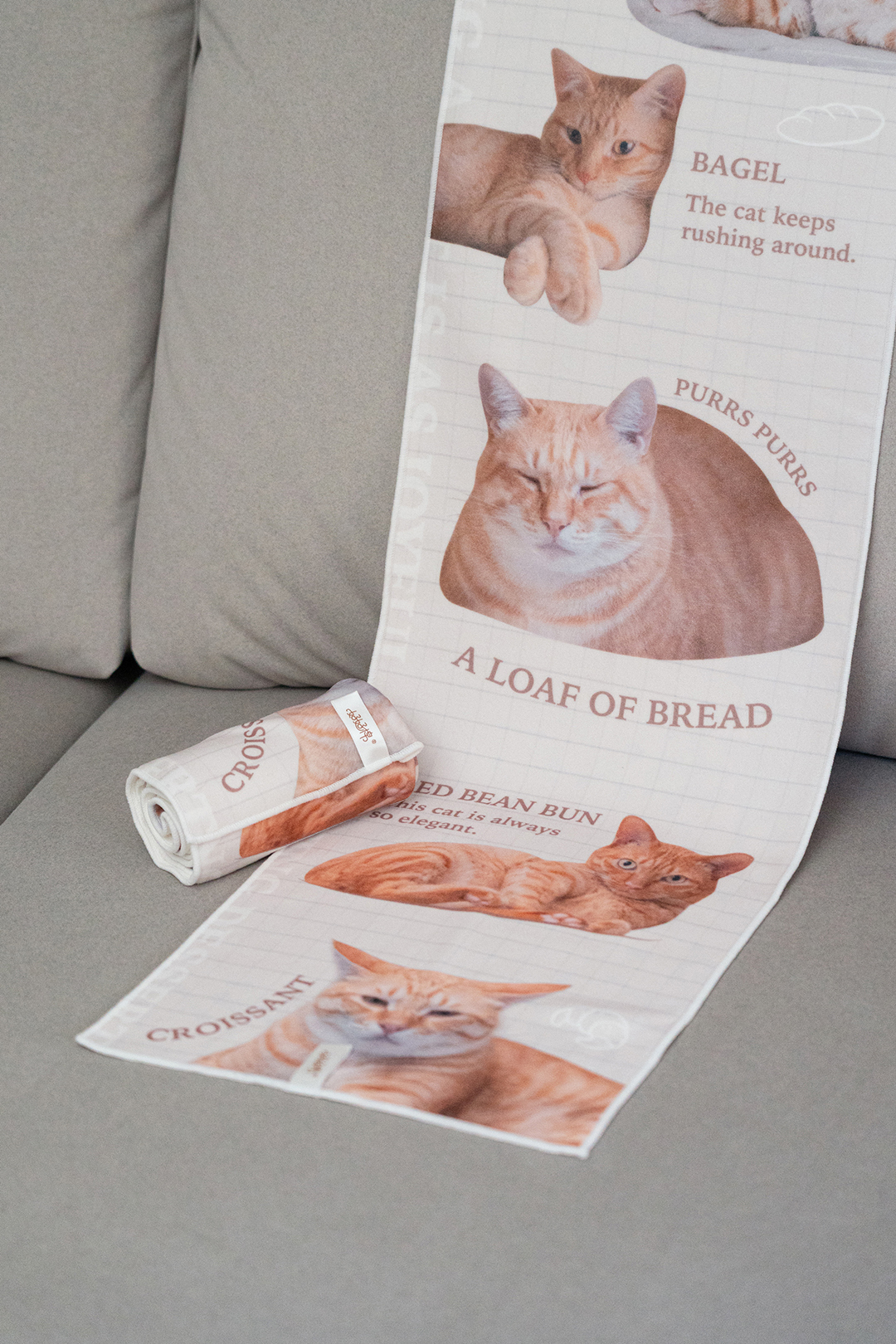 沙發上放著有薯餅薯泥圖案的乾髮巾