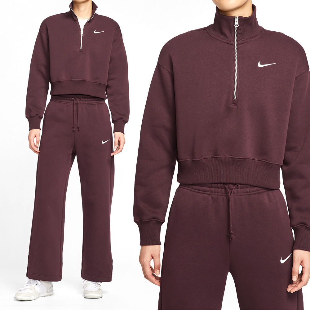 Nike PHNX FLC QZ Crop 女款 紫紅色 立領 寬鬆 落肩 短版 運動 休閒 長袖 DQ5768-652
