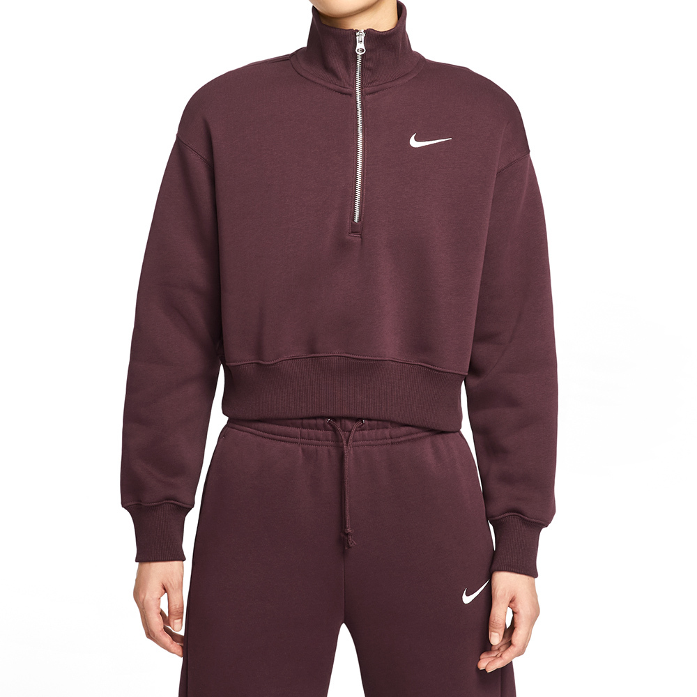 Nike PHNX FLC QZ Crop 女款 紫紅色 立領 寬鬆 落肩 短版 運動 休閒 長袖 DQ5768-652