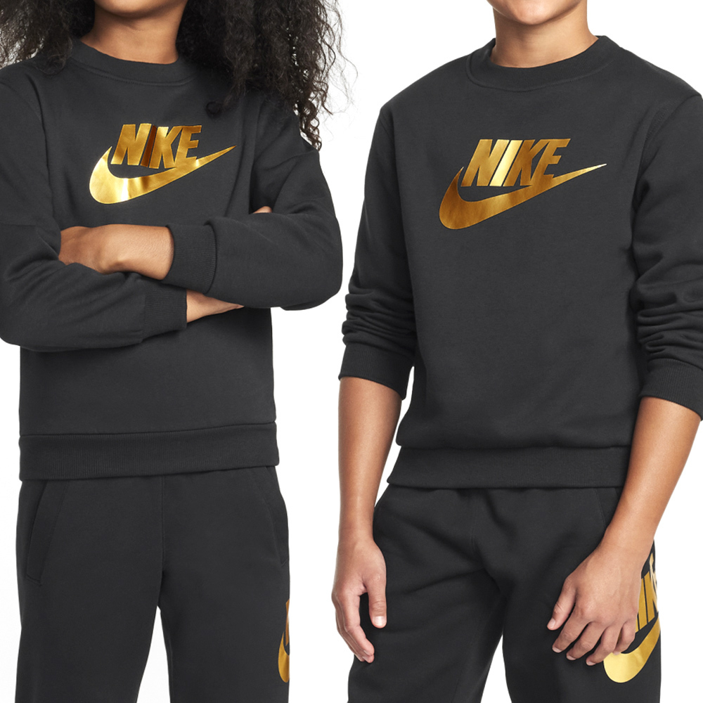Nike Club Flc Crew Gold 大童 童裝 黑金色 圓領 磨毛 長袖 HQ0975-010