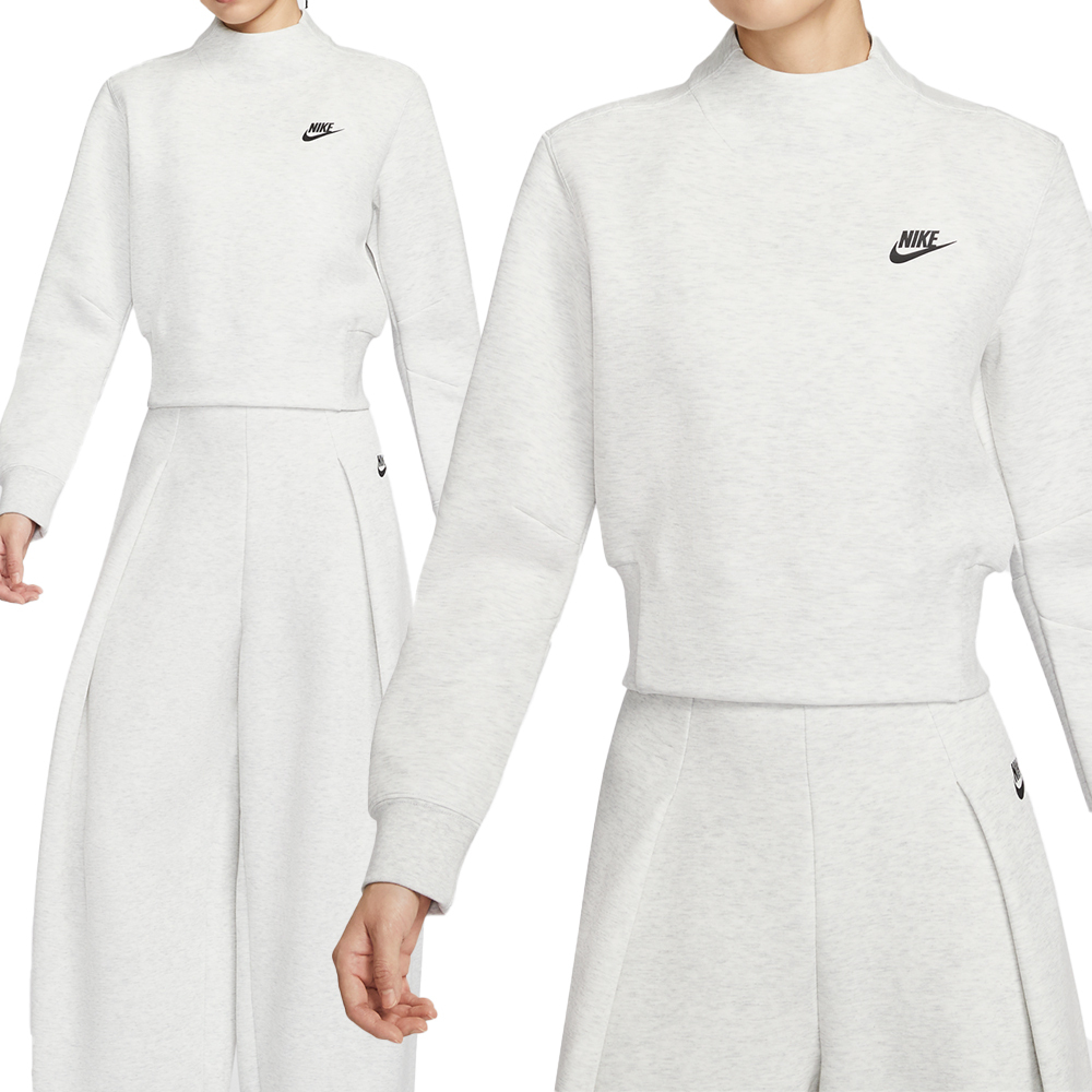 Nike Tch Flc Crew 女款 灰白色 短版 半高領 刷毛 長袖 HV2797-013
